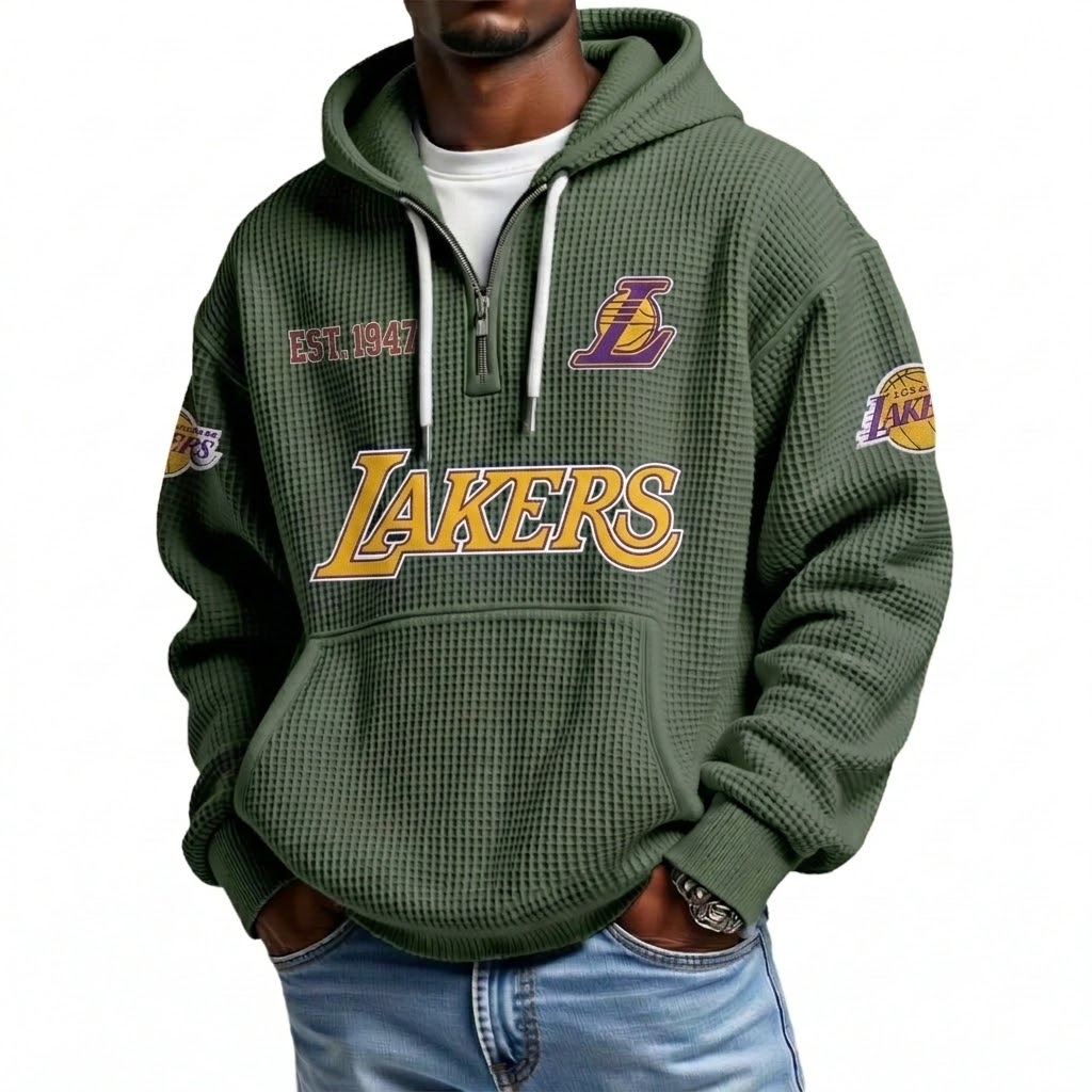 Los Angeles Lakers EST 1947 Printed Waffle Quarter Zip Basketball Fan Hoodie