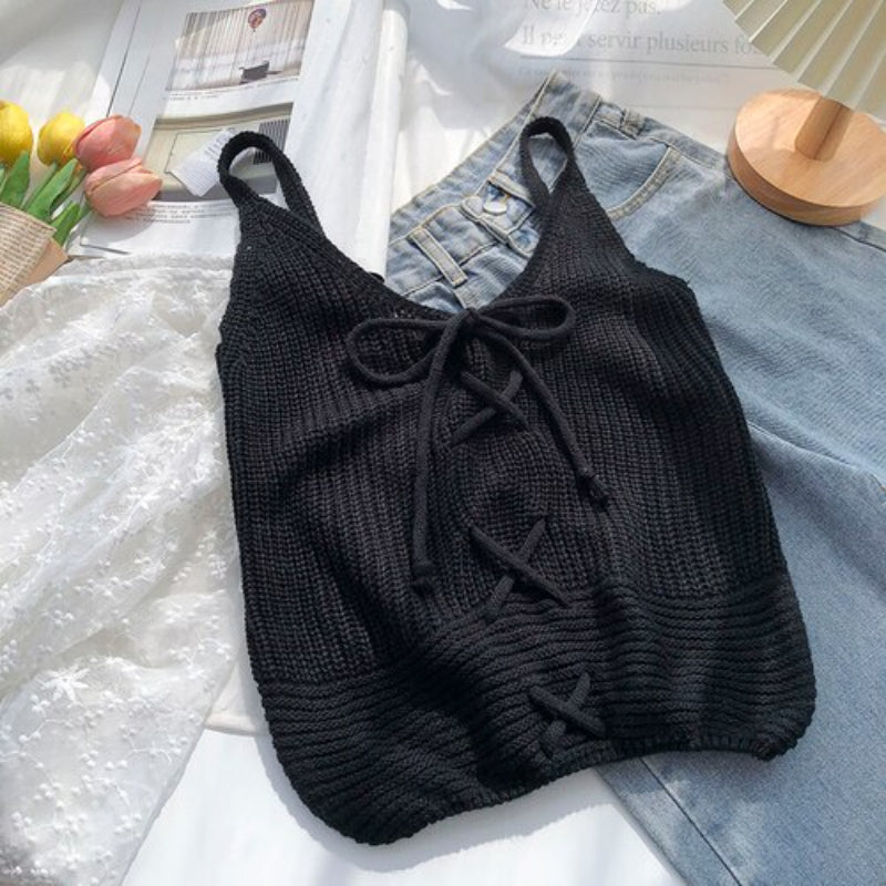 Casual Solid Cross Tie Bow Cami's-Soco Hoodie