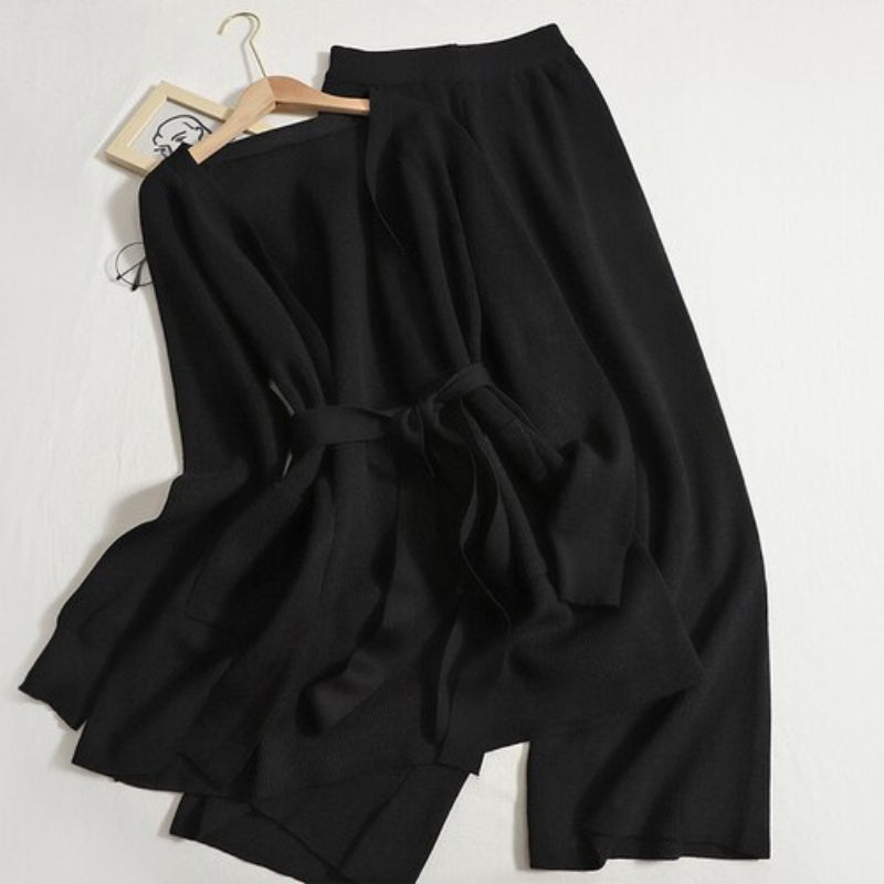 Lace-Up Knitted Cardigan Long Set-Soco Hoodie