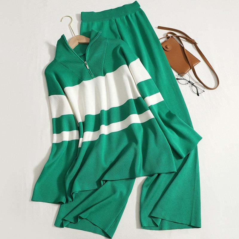 Turtleneck Striped Knit Pants Suit For Women-Soco Hoodie