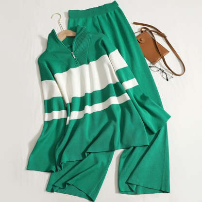 Turtleneck Striped Knit Pants Suit For Women-Soco Hoodie