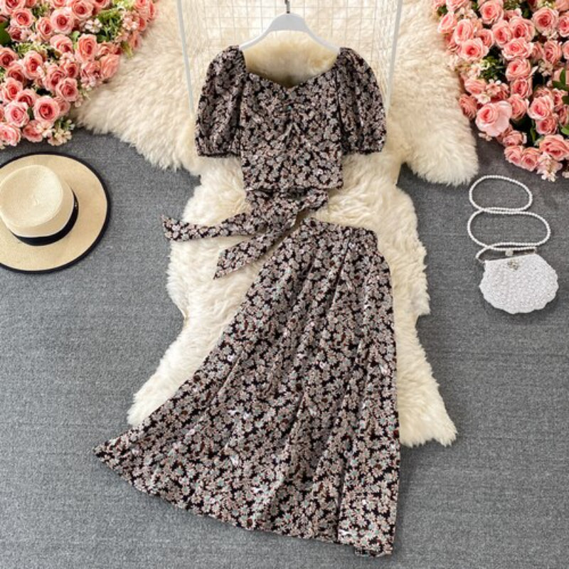 Floral Puff Sleeved Two Piece Skirt Set-Soco Hoodie