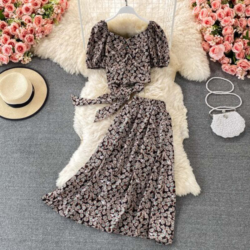 Floral Puff Sleeved Two Piece Skirt Set-Soco Hoodie