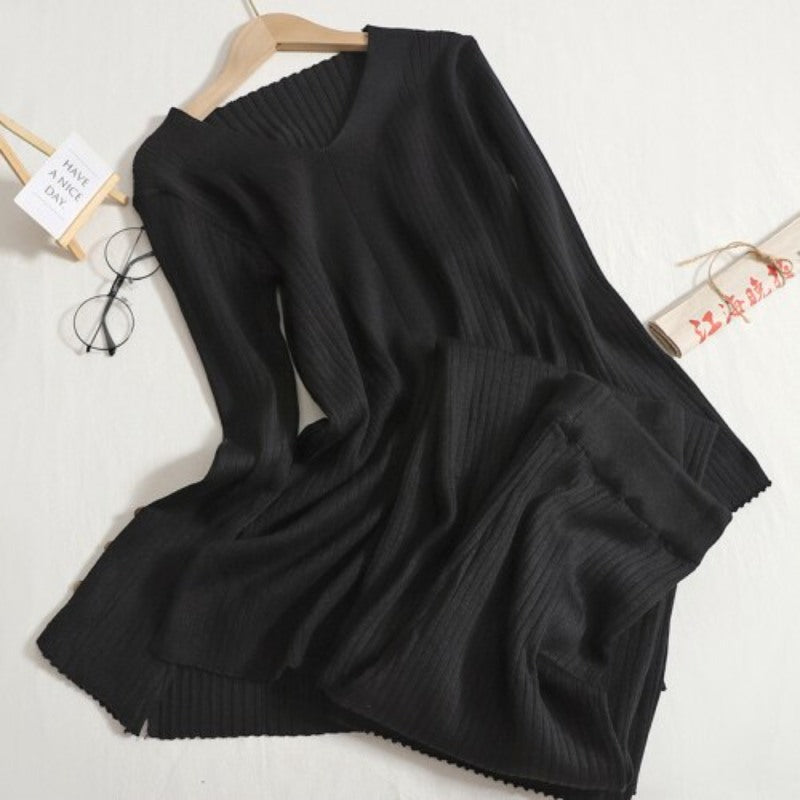 Solid V-Neck Slit And Wide Leg Pant Set-Soco Hoodie