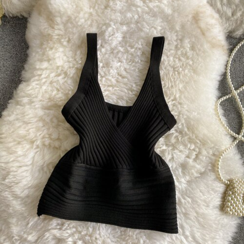 Retro Knitted Vest V-Neck Solid Camisole-Soco Hoodie