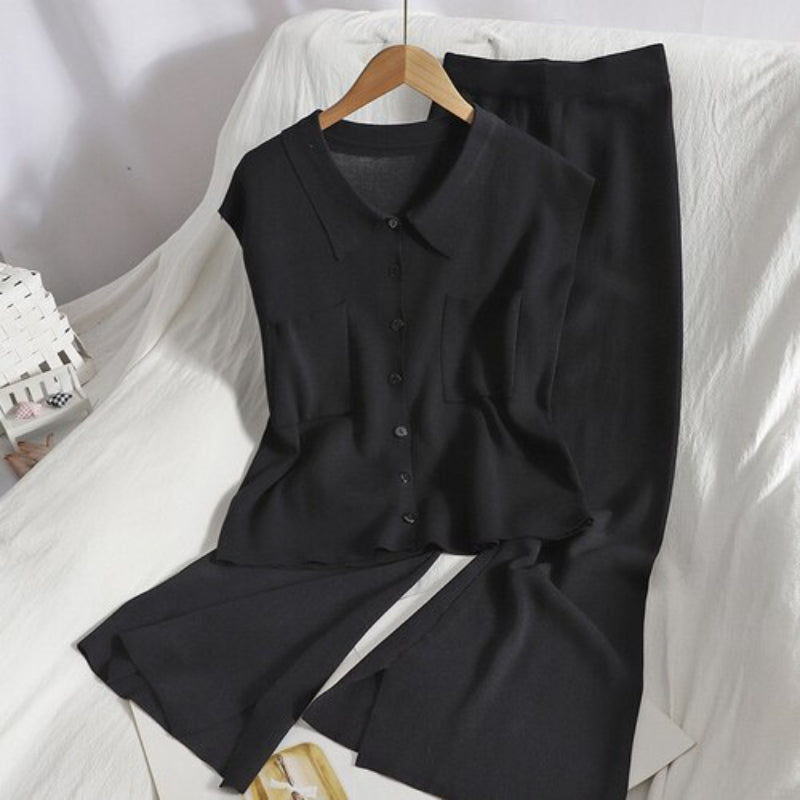 Women's Solid Knit Lapel Buttoned Sleeveless Set-Soco Hoodie