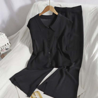 Women's Solid Knit Lapel Buttoned Sleeveless Set-Soco Hoodie