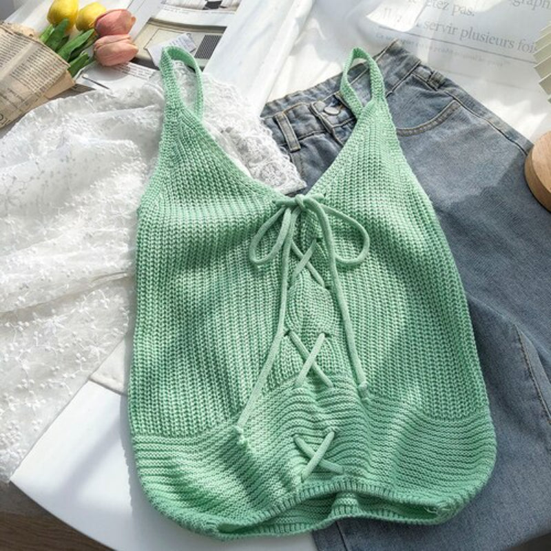 Casual Solid Cross Tie Bow Cami's-Soco Hoodie