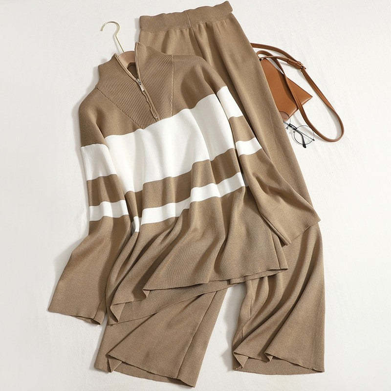 Turtleneck Striped Knit Pants Suit For Women-Soco Hoodie