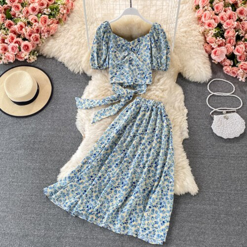 Floral Puff Sleeved Two Piece Skirt Set-Soco Hoodie