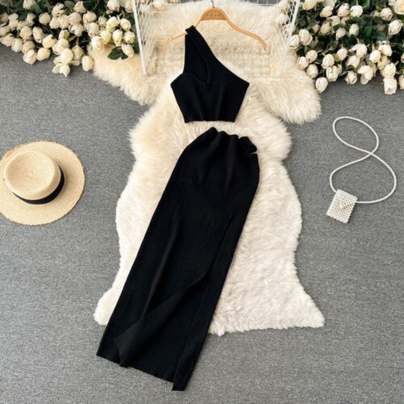 2 Pieces Retro Suspender Knitted Skirt Set-Soco Hoodie