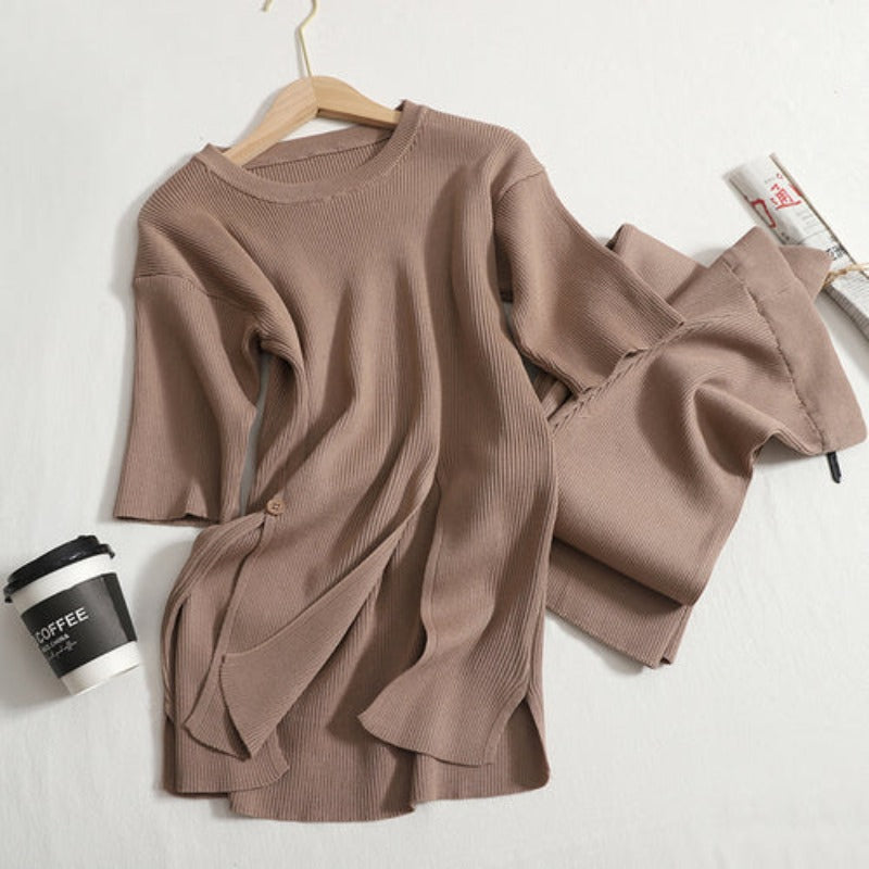 Loose Solid Split Knitted Sweater Set-Soco Hoodie