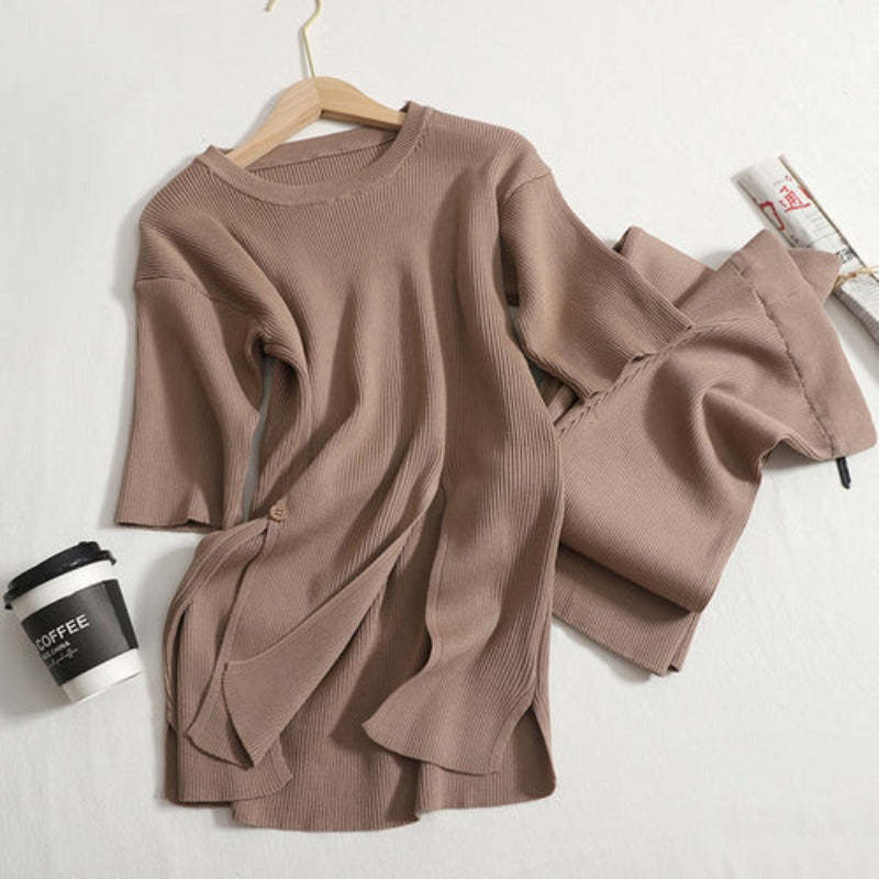 Loose Solid Split Knitted Sweater Set-Soco Hoodie