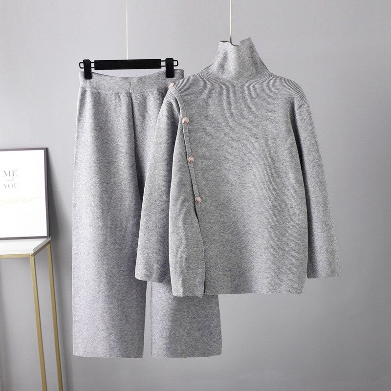 Casual Button Sweater And Wide-Leg Pants Suit For Women-Soco Hoodie