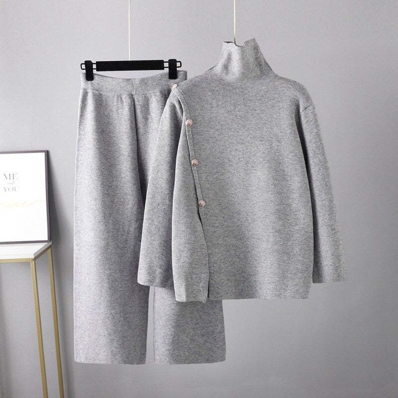 Casual Button Sweater And Wide-Leg Pants Suit For Women-Soco Hoodie