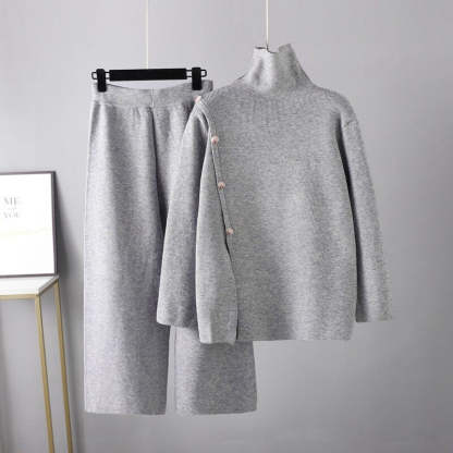 Casual Button Sweater And Wide-Leg Pants Suit For Women-Soco Hoodie