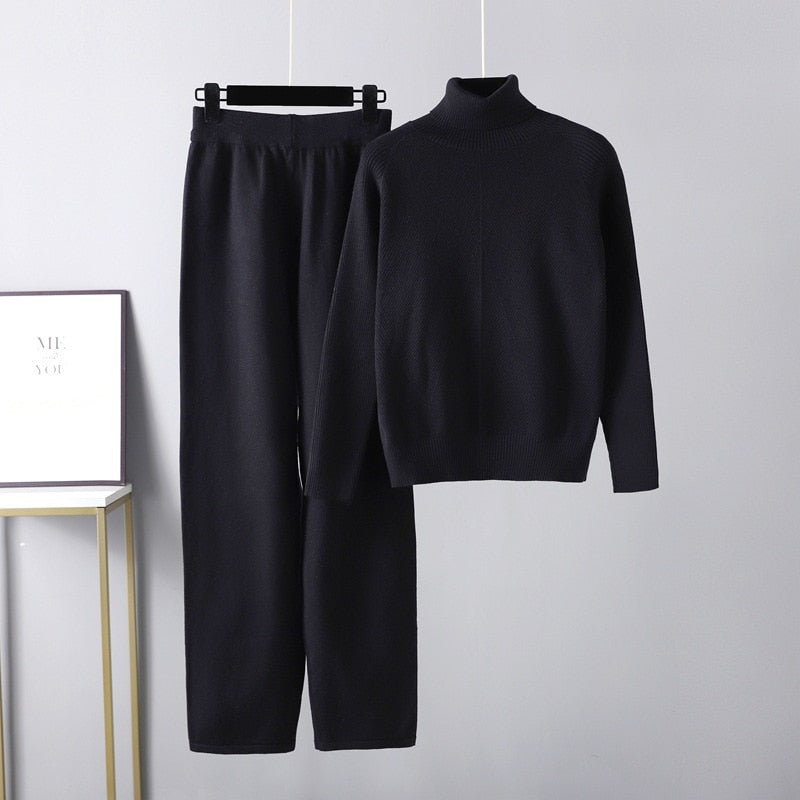 Women Turtleneck Knitted Two-Piece Sweater Set-Soco Hoodie