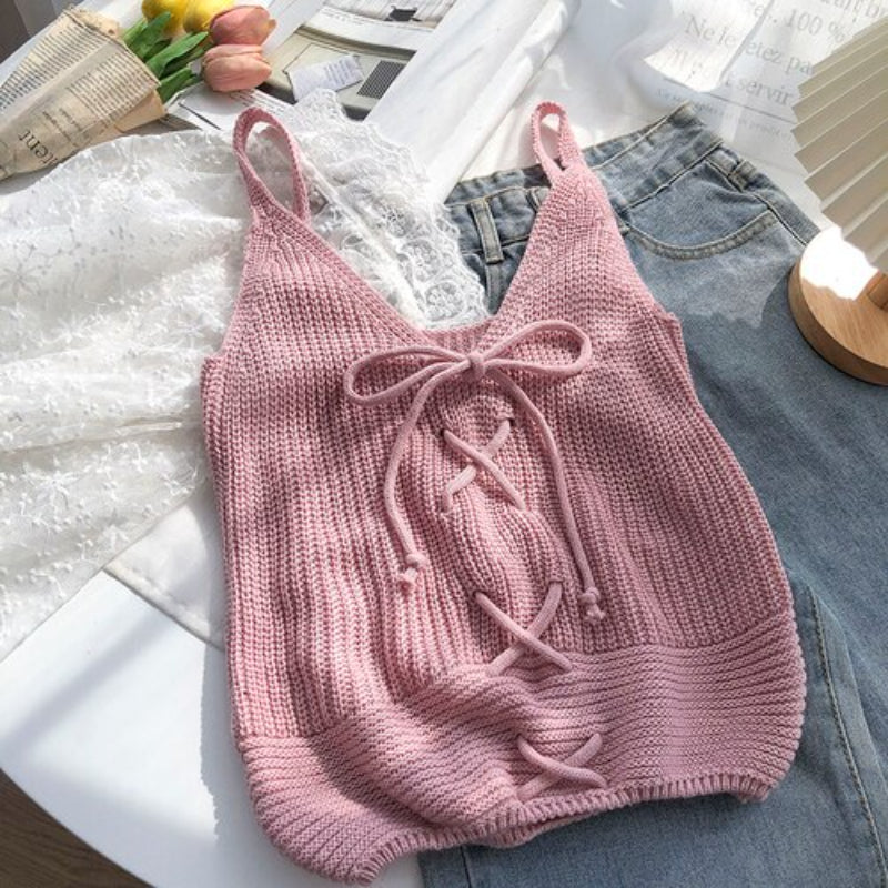 Casual Solid Cross Tie Bow Cami's-Soco Hoodie