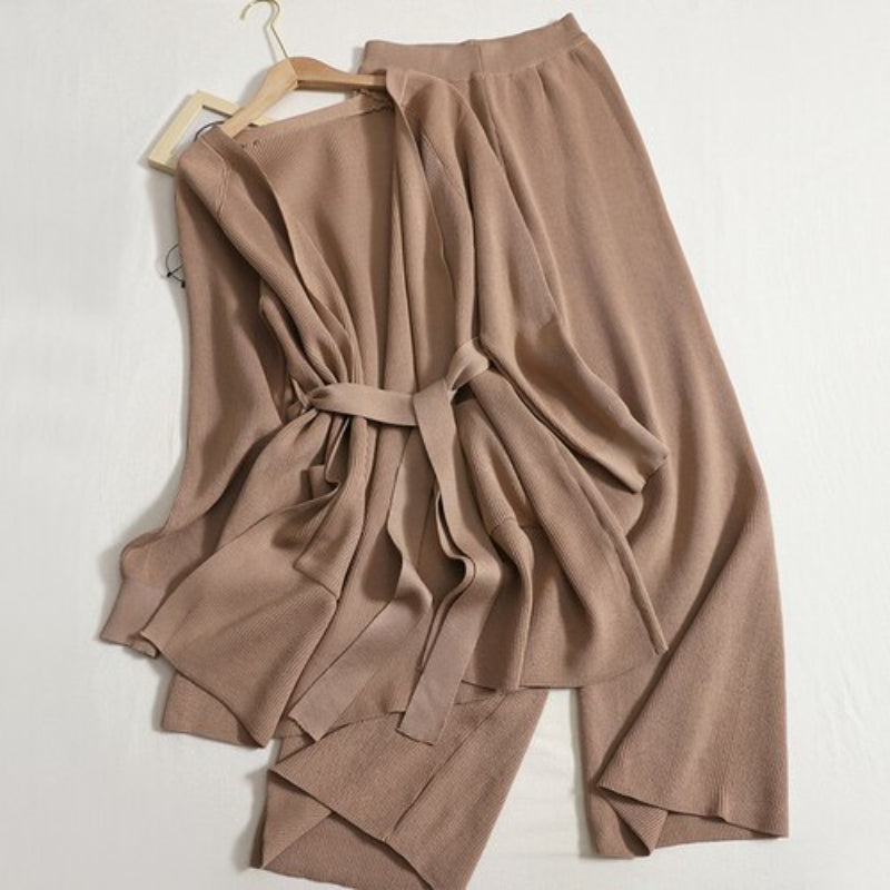 Lace-Up Knitted Cardigan Long Set-Soco Hoodie