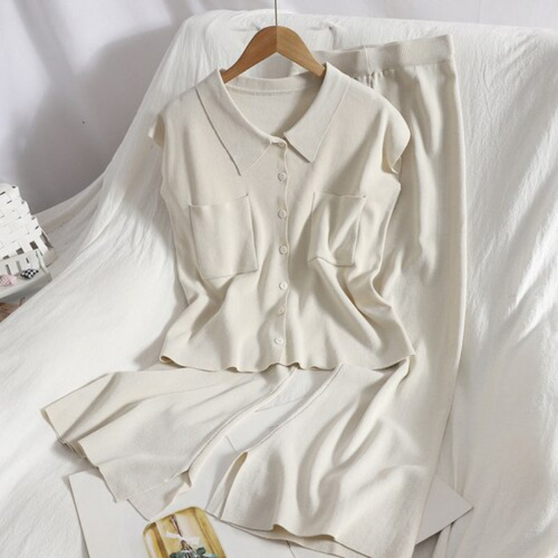 Women's Solid Knit Lapel Buttoned Sleeveless Set-Soco Hoodie