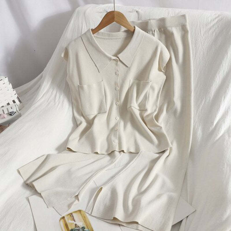 Women's Solid Knit Lapel Buttoned Sleeveless Set-Soco Hoodie