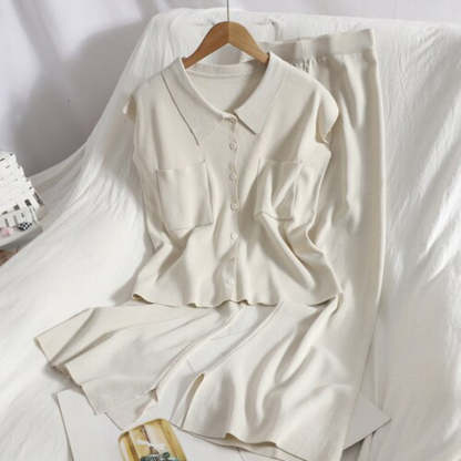 Women's Solid Knit Lapel Buttoned Sleeveless Set-Soco Hoodie