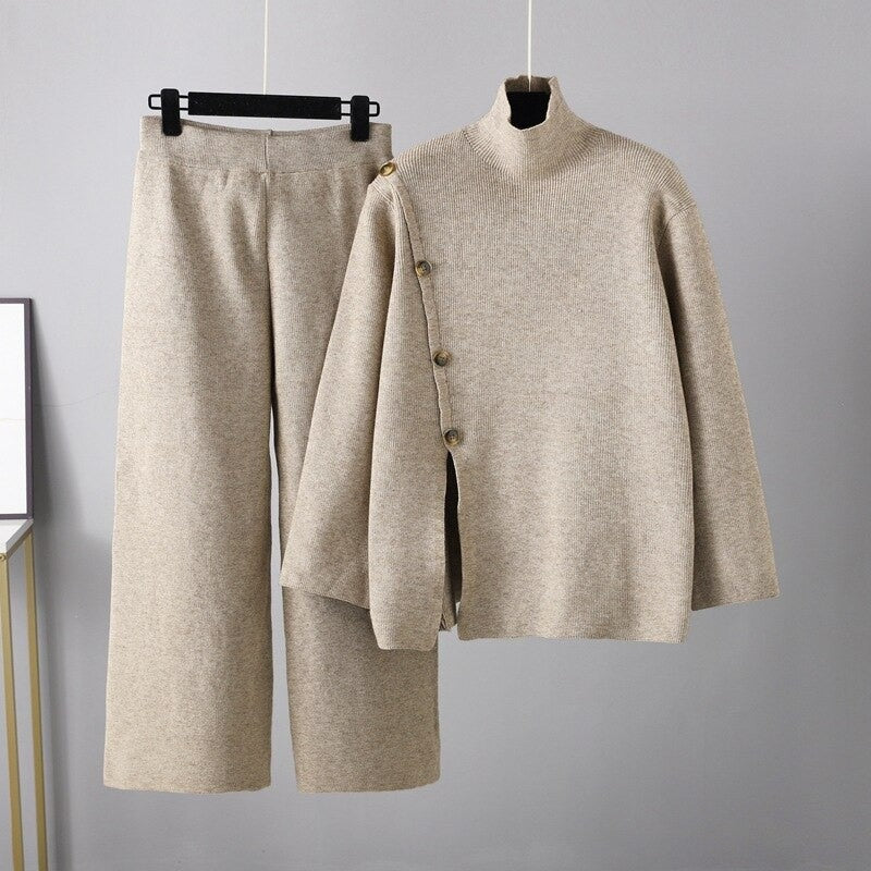Casual Button Sweater And Wide-Leg Pants Suit For Women-Soco Hoodie