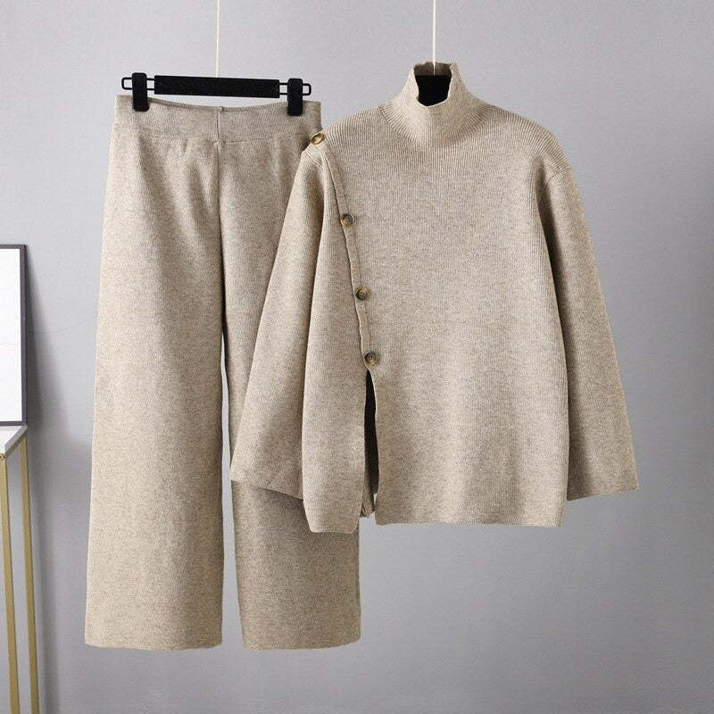 Casual Button Sweater And Wide-Leg Pants Suit For Women-Soco Hoodie