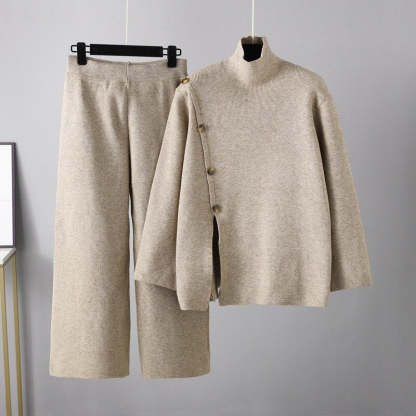 Casual Button Sweater And Wide-Leg Pants Suit For Women-Soco Hoodie