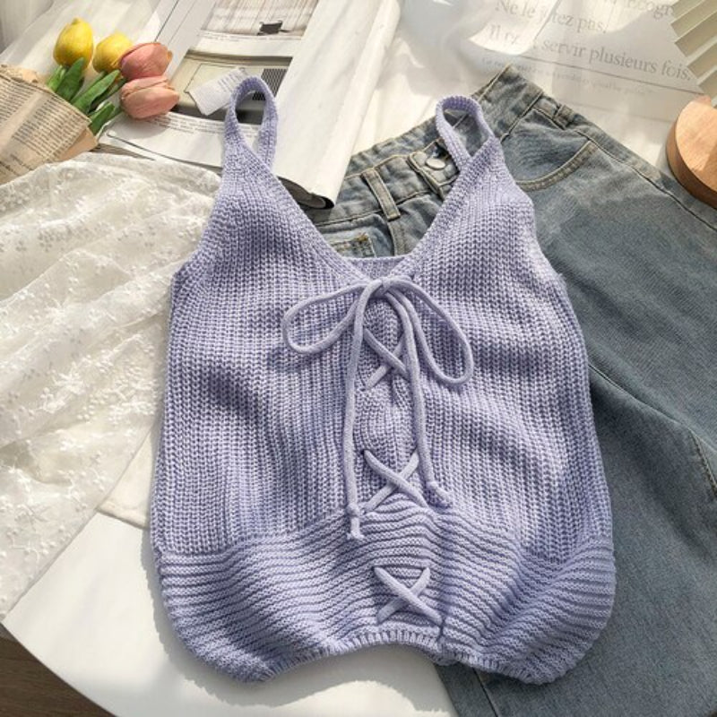 Casual Solid Cross Tie Bow Cami's-Soco Hoodie