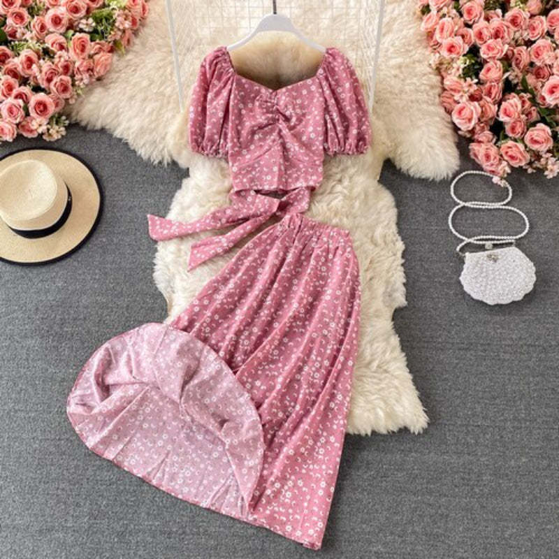 Floral Puff Sleeved Two Piece Skirt Set-Soco Hoodie
