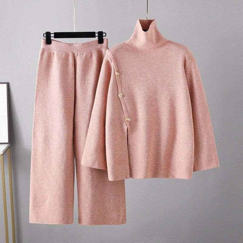 Casual Button Sweater And Wide-Leg Pants Suit For Women-Soco Hoodie