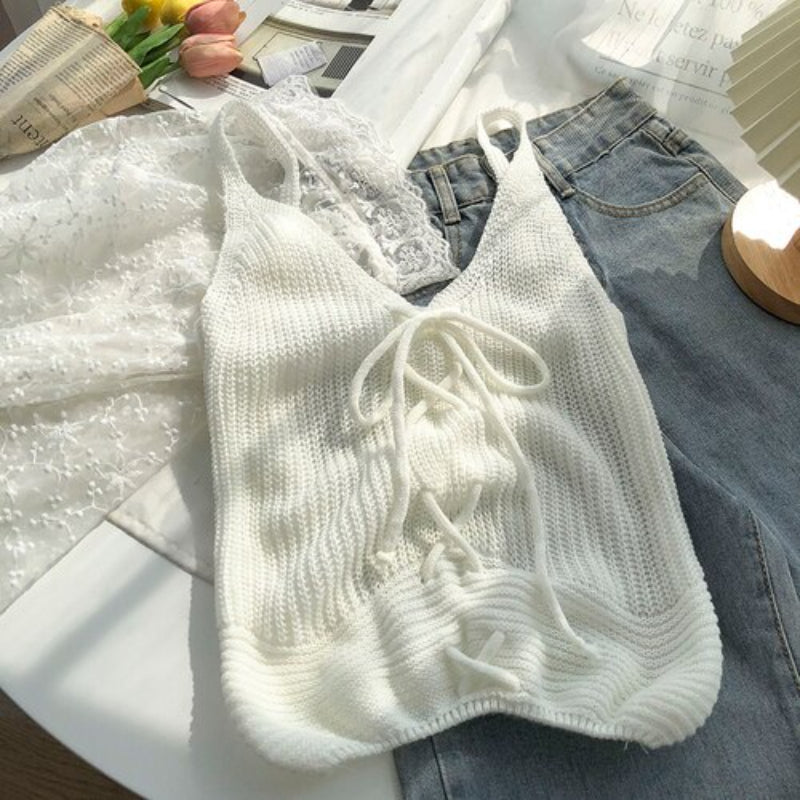 Casual Solid Cross Tie Bow Cami's-Soco Hoodie