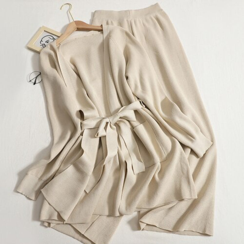 Lace-Up Knitted Cardigan Long Set-Soco Hoodie