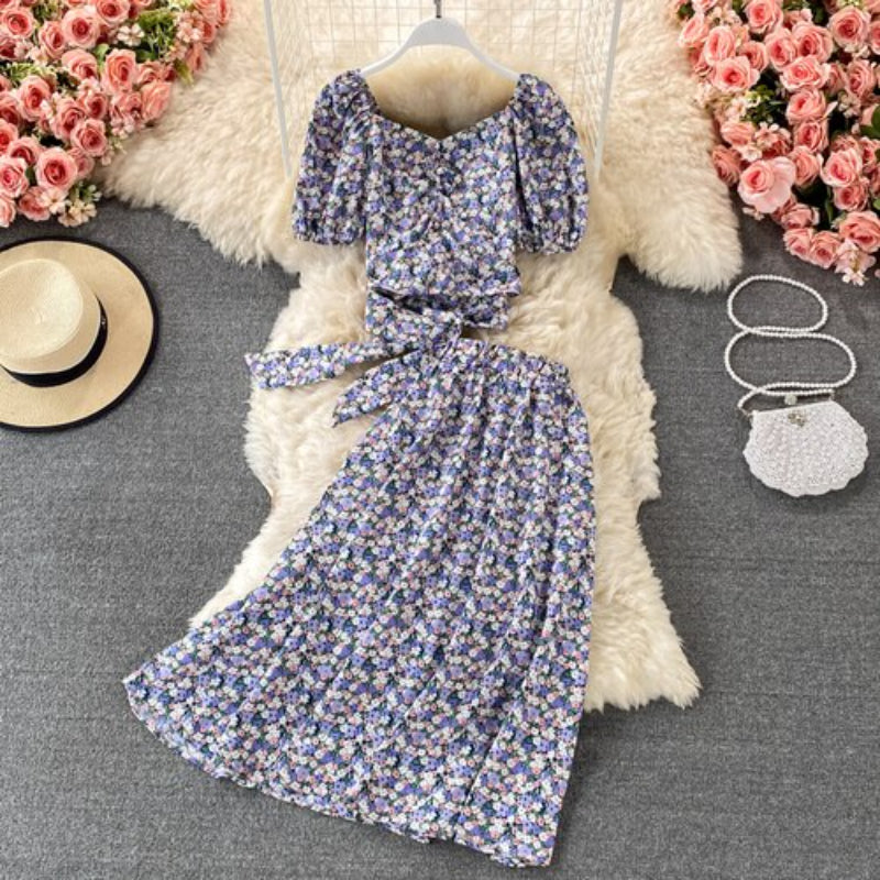 Floral Puff Sleeved Two Piece Skirt Set-Soco Hoodie