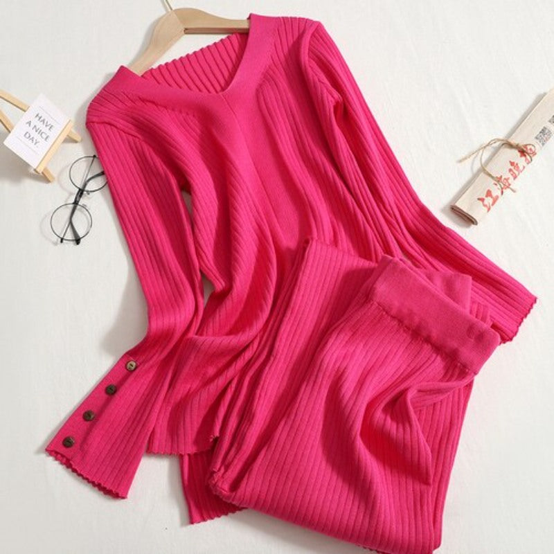 Solid V-Neck Slit And Wide Leg Pant Set-Soco Hoodie