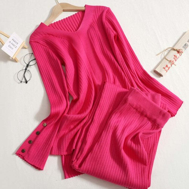 Solid V-Neck Slit And Wide Leg Pant Set-Soco Hoodie