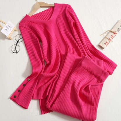 Solid V-Neck Slit And Wide Leg Pant Set-Soco Hoodie