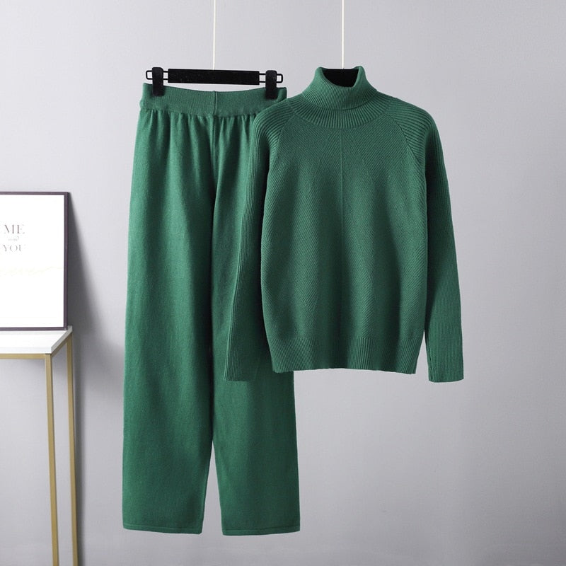 Women Turtleneck Knitted Two-Piece Sweater Set-Soco Hoodie