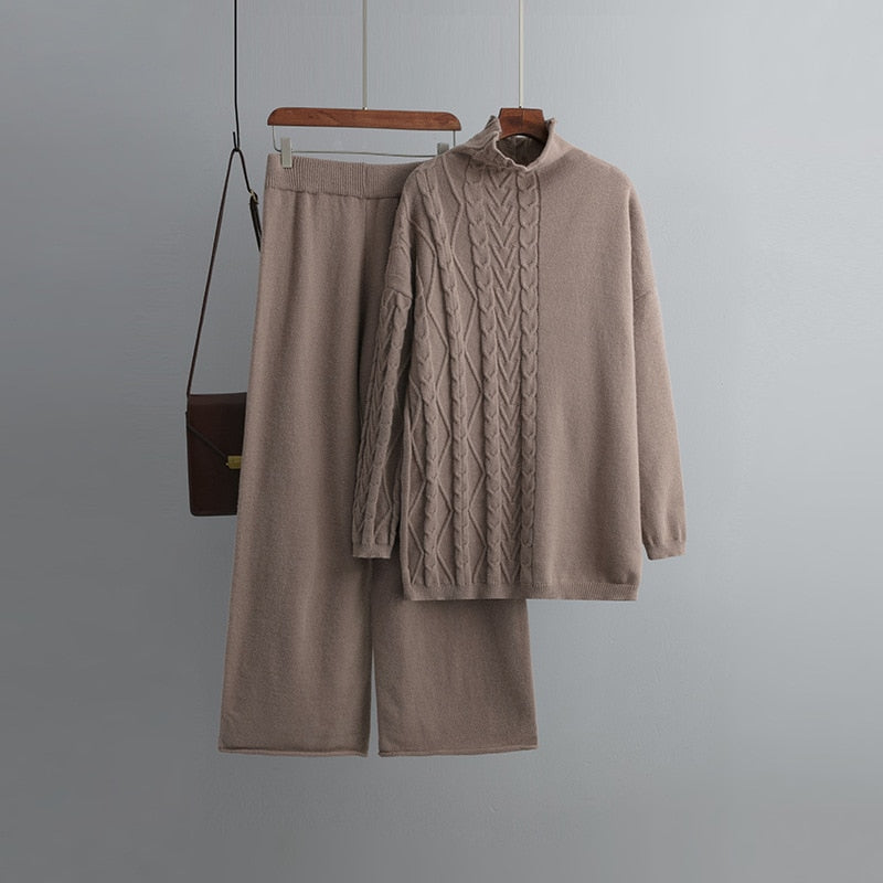 Women's Thick Turtleneck Twisted Loose Pants Set-Soco Hoodie