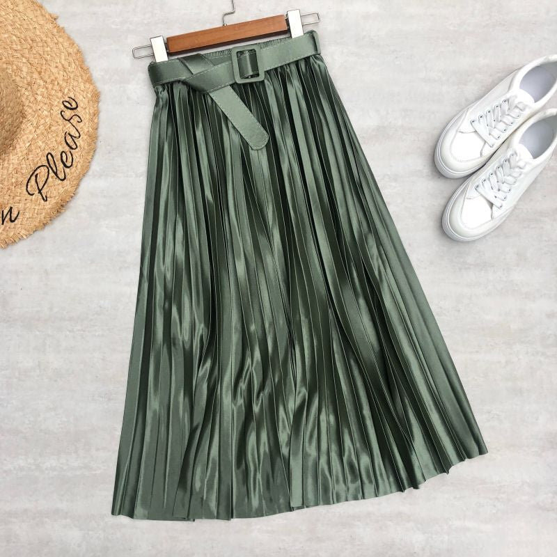 Colorful Solid Satin Pleated Skirt For Women-Soco Hoodie