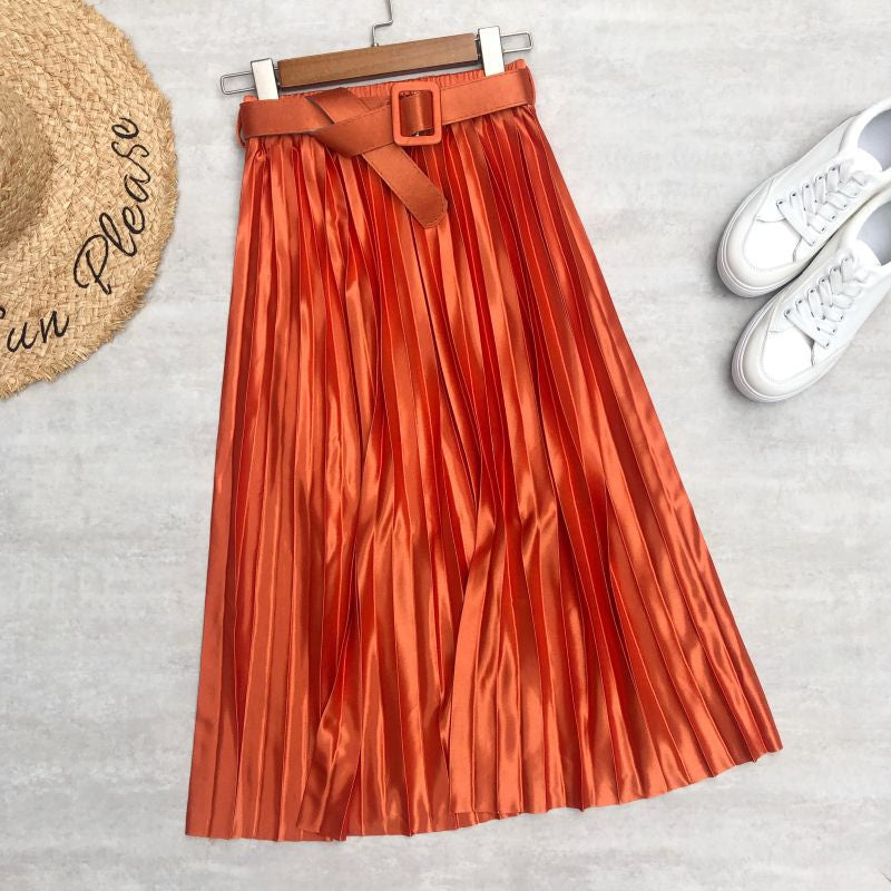 Solid Satin Pleated Skirt For Women-Soco Hoodie