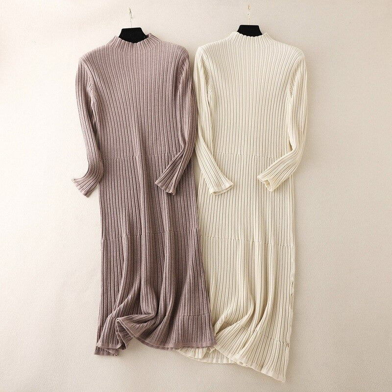 Pleated Mock Neck Knitted Sweater Dress-Soco Hoodie