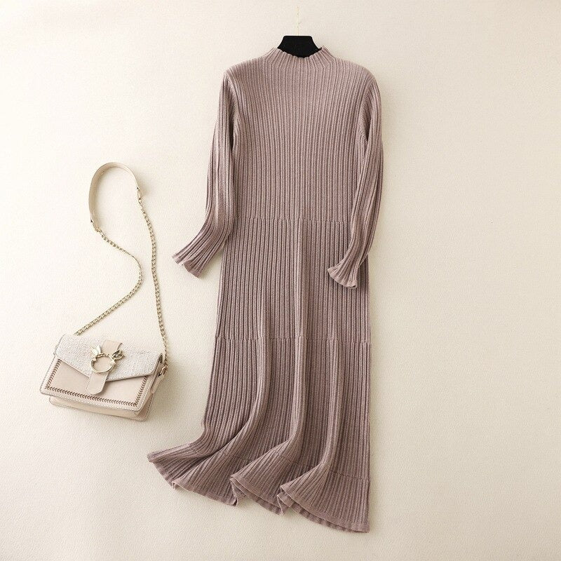 Pleated Mock Neck Knitted Sweater Dress-Soco Hoodie