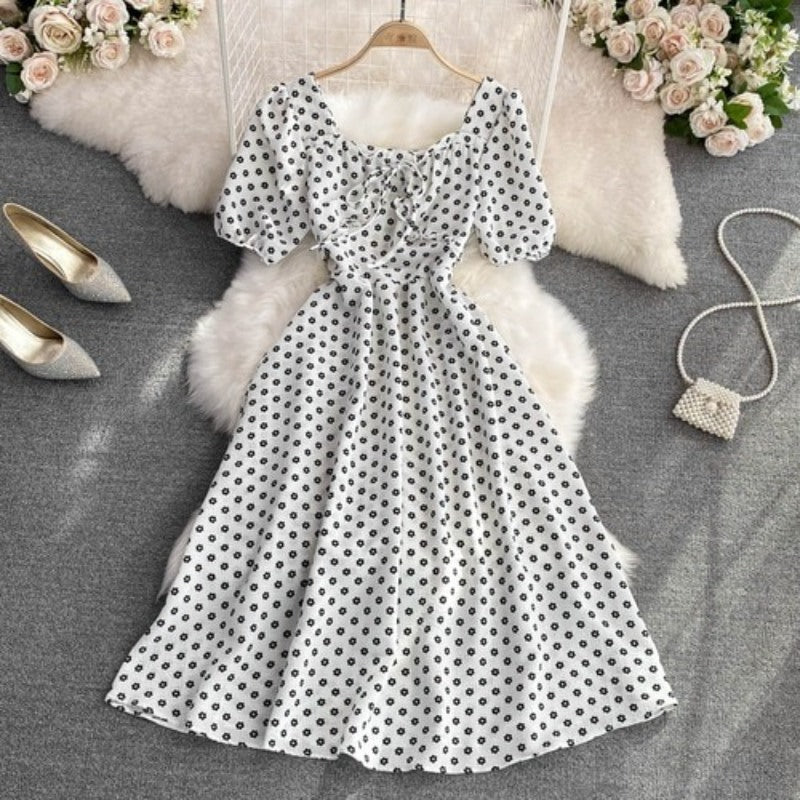 High Waist Floral Chiffon Short Sleeve Dress For Women-Soco Hoodie