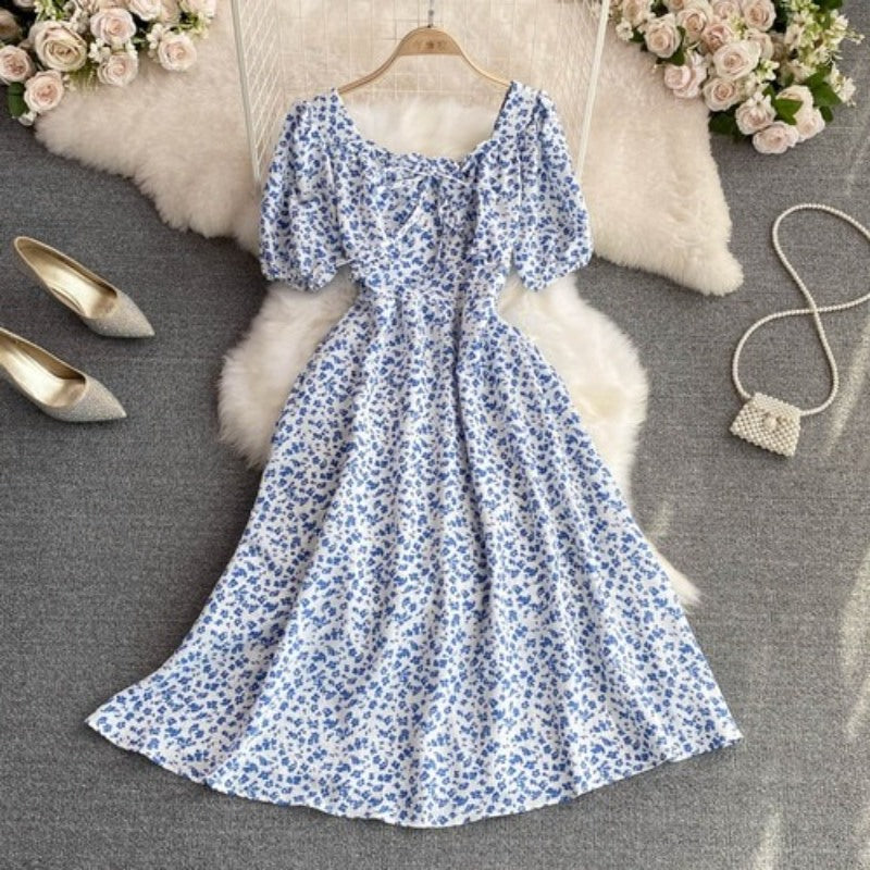 High Waist Floral Chiffon Short Sleeve Dress For Women-Soco Hoodie