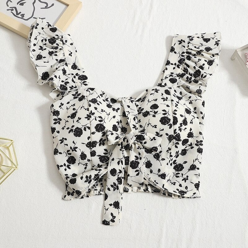Bow Tie Lace-up Floral Print Camisole Tops For Women-Soco Hoodie