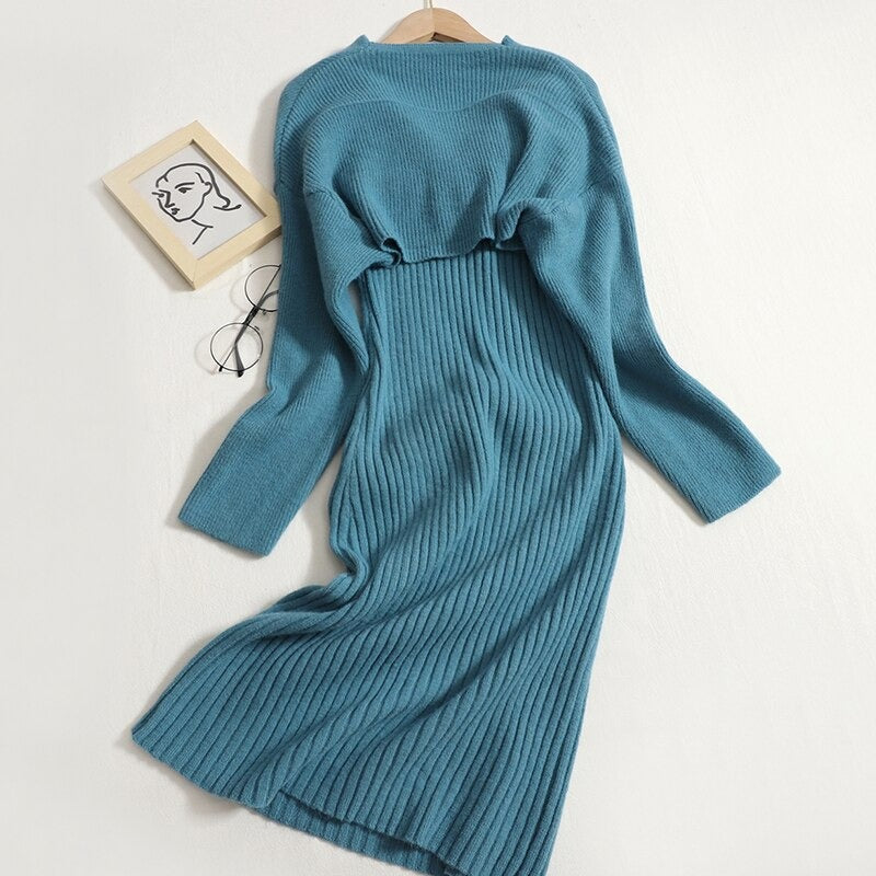 V-Neck Knitted Suspender Knotted Two-Piece Sweater Dress-Soco Hoodie
