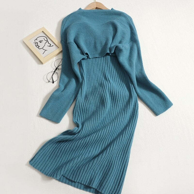 V-Neck Knitted Suspender Knotted Two-Piece Sweater Dress-Soco Hoodie