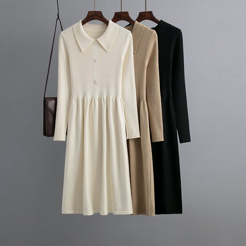 Long Pleated V-Neck A-Line Knitted Sweater Dress-Soco Hoodie